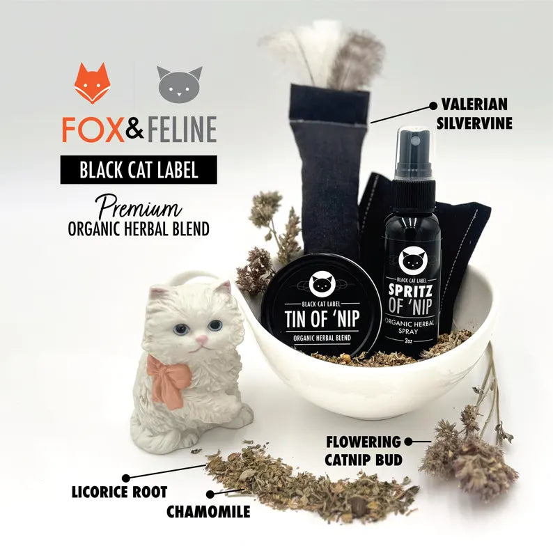 Luxury Black Cat Label Cat Toy Gift Set - Premium Silvervine, Valeranian, Catnip & more